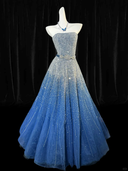 Dreamy Blue Ombre A Line Strapless Beaded Tulle Prom Dress Evening Dress SH5604