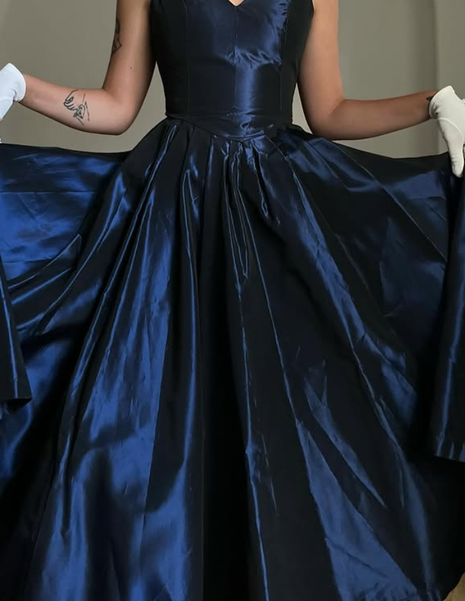 Vintage Navy Blue A Line V Neck Satin Prom Dress Evening Dress Date Dress SH5640