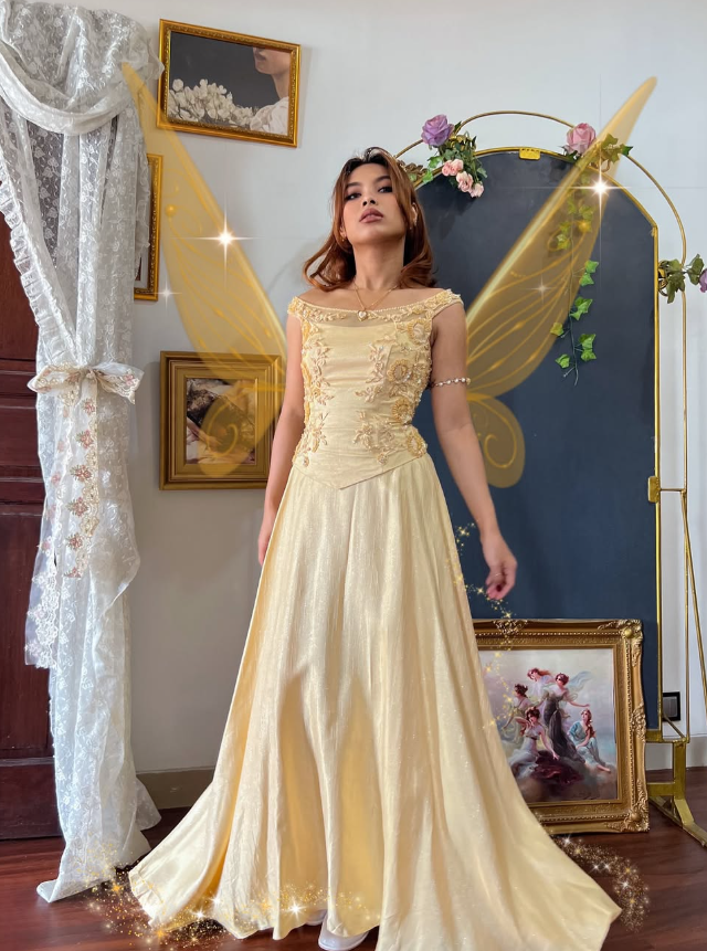 Gold Yellow Vintage Exquisite Beaded Satin Long Prom Dress Wedding Guest Dress SH5385