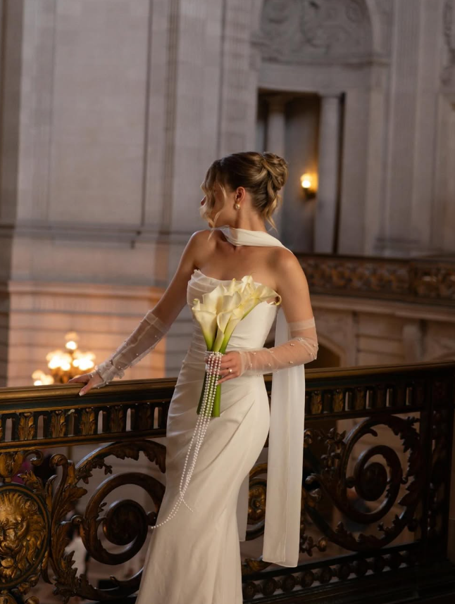 High-class Mermaid Strapless Pleated White Satin Long Train Wedding Dress SH7544