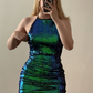 Green-blue Ombre Sheath Halter Sequin Backless Short Prom Dress Homecoming Dress Outfits SH6863