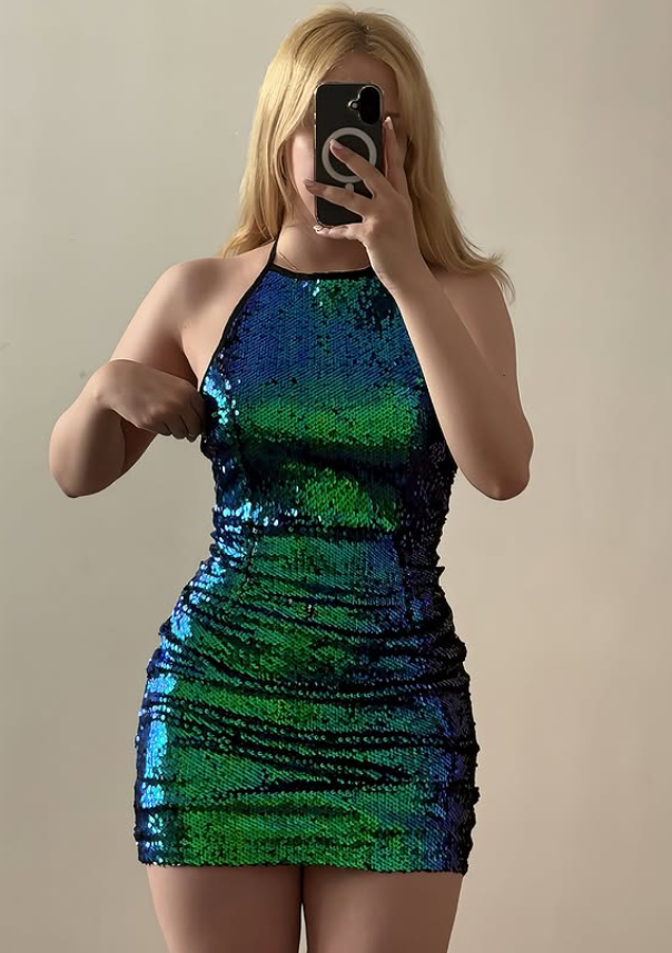 Green-blue Ombre Sheath Halter Sequin Backless Short Prom Dress Homecoming Dress Outfits SH6863