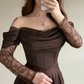 Elegant Brown A Line Long Sleeve Lace Satin Prom Dress Wedding Guest Dress SH5394