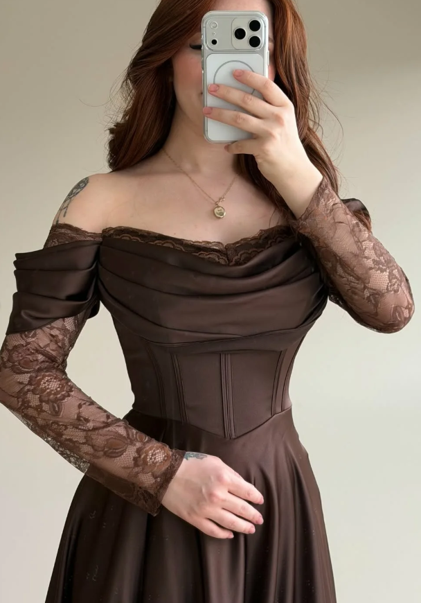 Elegant Brown A Line Long Sleeve Lace Satin Prom Dress Wedding Guest Dress SH5394