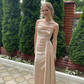 Champagne A Line Spaghetti Strap Pleated Satin Long Prom Dress Evening Dress SH7301