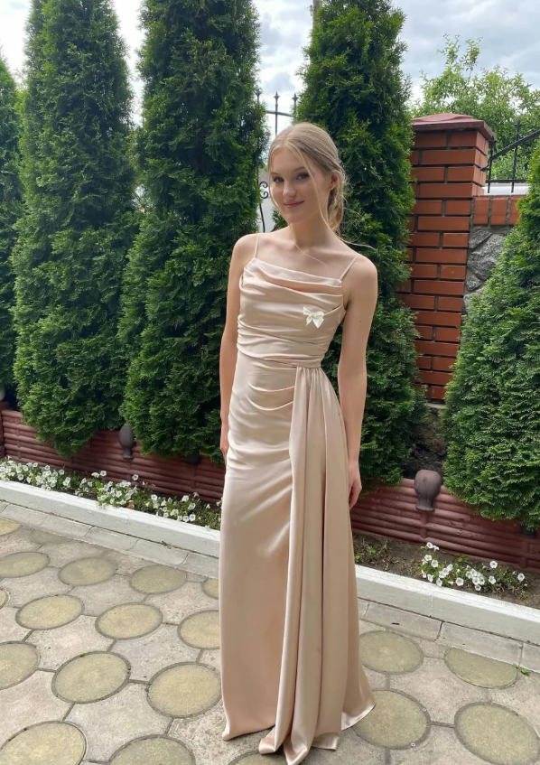 Champagne A Line Spaghetti Strap Pleated Satin Long Prom Dress Evening Dress SH7301