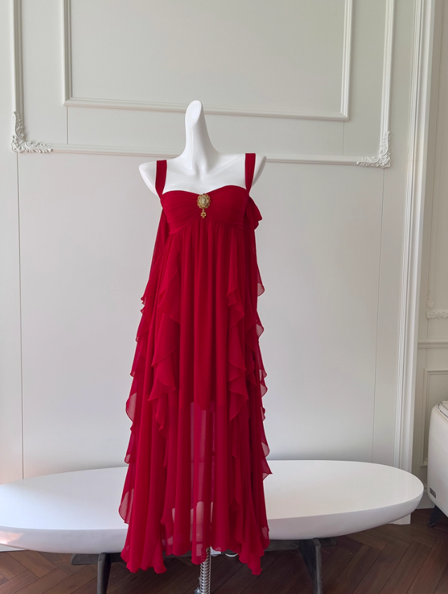 Burgundy Flowy A Line Spaghetti Strap Ruffle Chiffon Prom Dress Vacation Dress SH4502