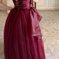 Elegant Burgundy A Line Strapless Pleated Organza Tulle Long Prom Dress Evening Dress SH7306