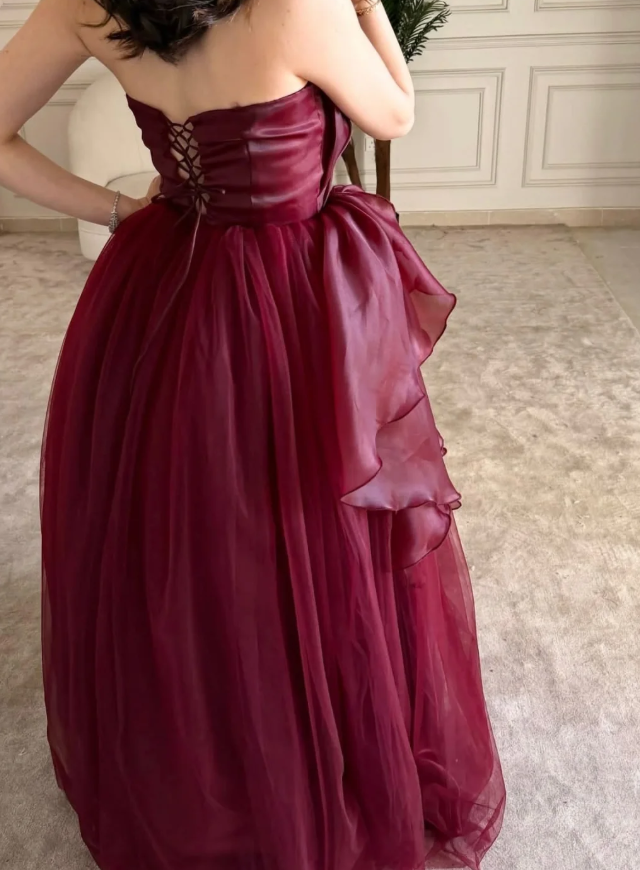 Elegant Burgundy A Line Strapless Pleated Organza Tulle Long Prom Dress Evening Dress SH7306