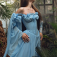 Ethereal Blue A Line Long Sleeve Chiffon Long Prom Dress Evening Dress SH6700