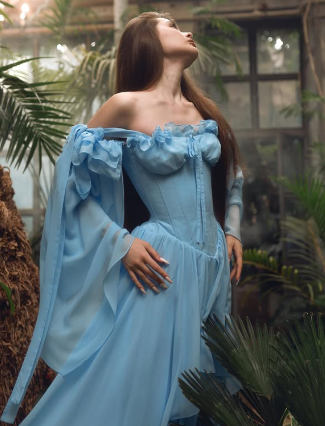 Ethereal Blue A Line Long Sleeve Chiffon Long Prom Dress Evening Dress SH6700