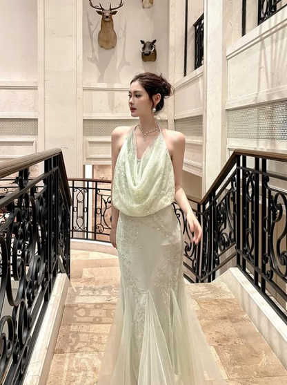 Pretty Light Green Mermaid Halter Sequin Tulle Prom Dress Evening Dress Date Dress SH5647