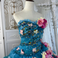 Vintage Blue Ball Gown Strapless 3D Floral Layered Tulle Prom Dress Sweet 16 Dress SH5783