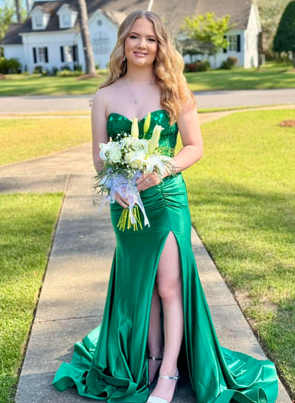 Sexy Green Mermaid Sweetheart Neck Beaded Satin Long Prom Dress Evening Dress SH7223