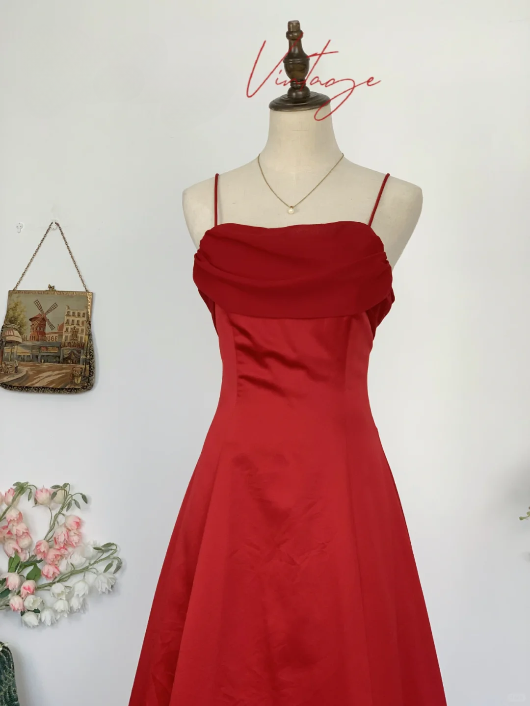 Vintage Red Simple A Line Spaghetti Strap Chiffon Satin Prom Dress Outfits SH4953
