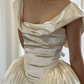 Gentle Vintage Ball Gown Straps Pleated Ivory Satin Wedding Dress SH5075