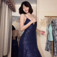 Dark Navy Blue A Line Spaghetti Straps Sequin Prom Dress Party Dress with Slit SH5057