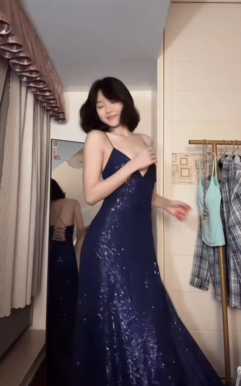 Dark Navy Blue A Line Spaghetti Straps Sequin Prom Dress Party Dress with Slit SH5057