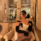 Sexy Black Bow Sheath Straps Corset White Satin Prom Dress Evening Dress with Slit SH5525