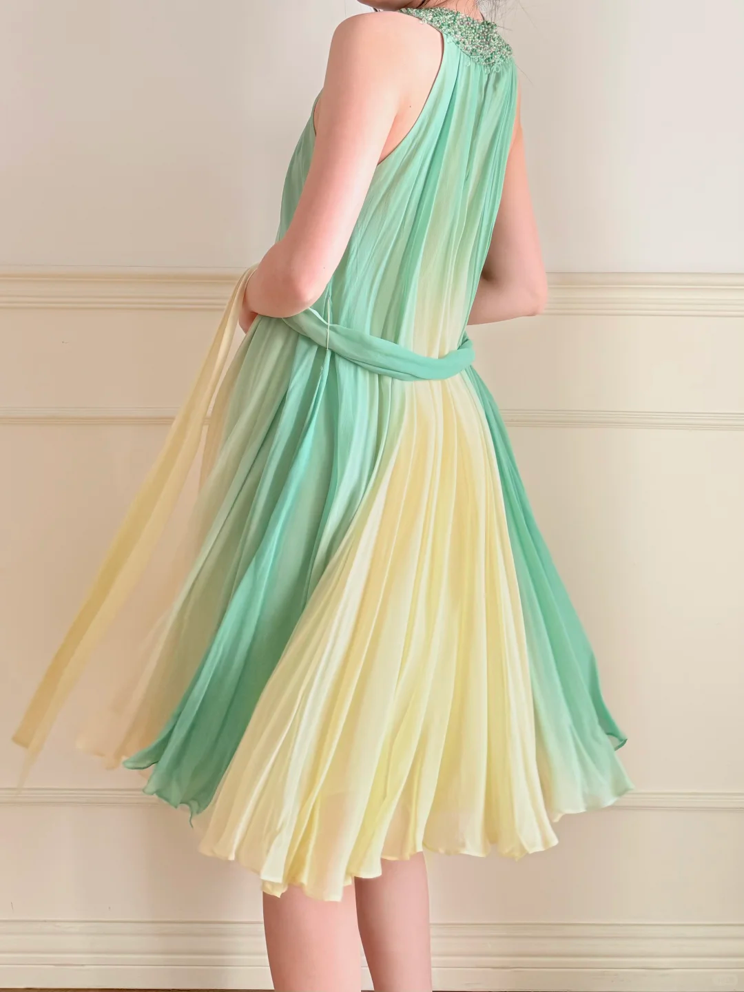 Vintage Yellow Green Ombre Beaded Chiffon Knee Length Wedding Guest Dress Prom Dress SH5442