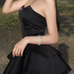 Chic Strapless Black Satin Short Prom Dress Layered Homecoming Dresses SH1411