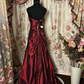 Vintage Burgundy Ball Gown Strapless Pleated Yellow Beaded Satin Long Prom Dress Evening Dress SH3733