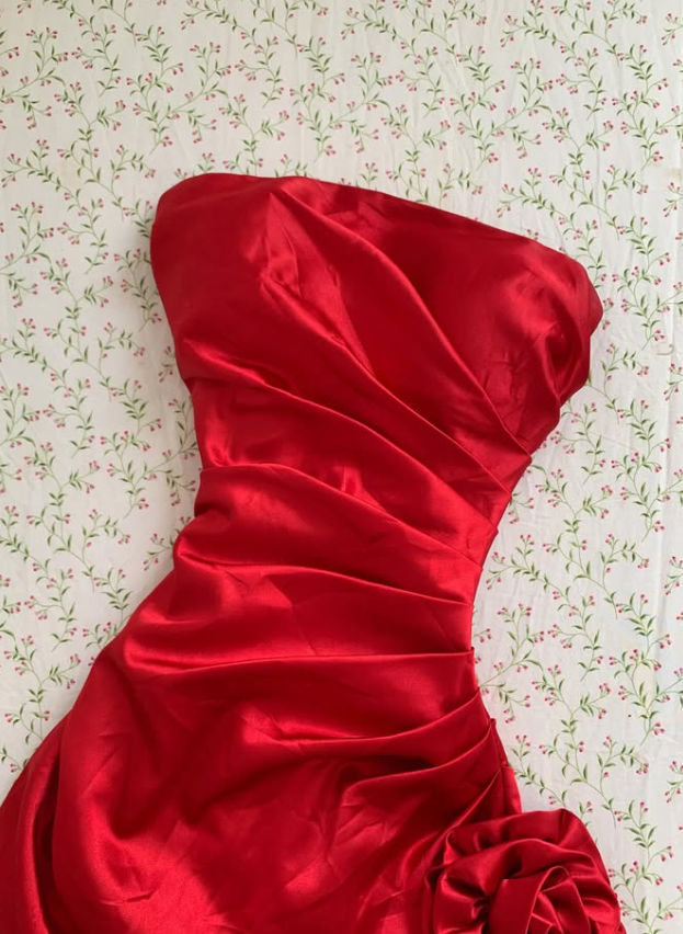 Vintage Mermaid Strapless Red Satin Prom Dress Party Dress SH7414