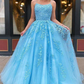 Simple Spaghetti Straps A-Line Lace Appliques Tulle Long Prom Dress KS7930