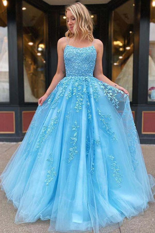 Simple Spaghetti Straps A-Line Lace Appliques Tulle Long Prom Dress KS7930