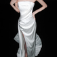 Pretty White Exquisite Beaded Sheath Strapless Satin Slit Long Wedding Dress SH6627