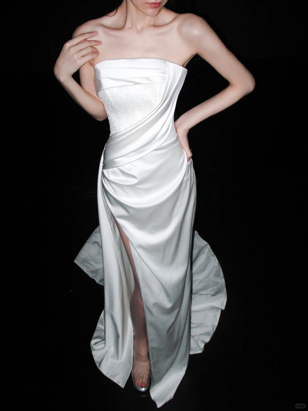 Pretty White Exquisite Beaded Sheath Strapless Satin Slit Long Wedding Dress SH6627