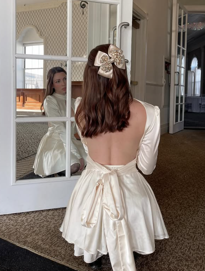 Sexy A Line Long Sleeve V Neck Ivory Satin Oen Back Homecoming Dress Birthday Dress SH4870