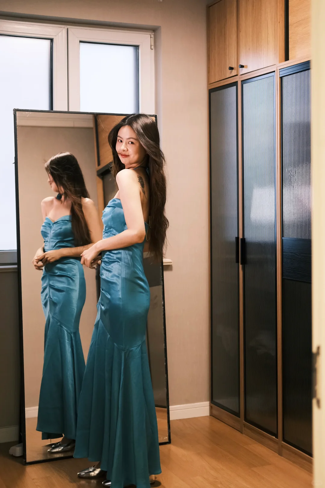 Gentle Mermaid Sweetheart Neck Pleated Blue Satin Party Dress Evening Dress SH2911