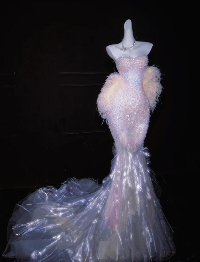 Dreamy Mermaid Sweetheart Neck Sequin Feather Satin Long Prom Dress SH3246