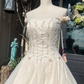 Retro A Line Off the Shoulder Beaded Light Apricot Satin Tulle Wedding Dress SH5945