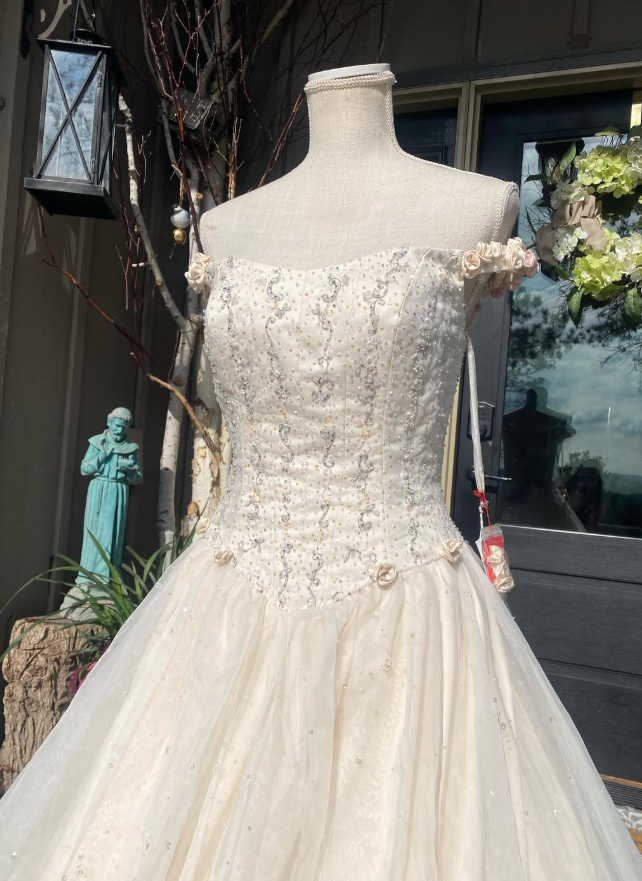 Retro A Line Off the Shoulder Beaded Light Apricot Satin Tulle Wedding Dress SH5945