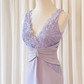 Lilac Elegant Sheath V Neck Lace Satin Short Prom Dress Hoco Dress SH5513