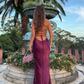 Grape Purple Spaghetti Strap Sequin Satin Open Back Prom Dress Party Dress SH4013
