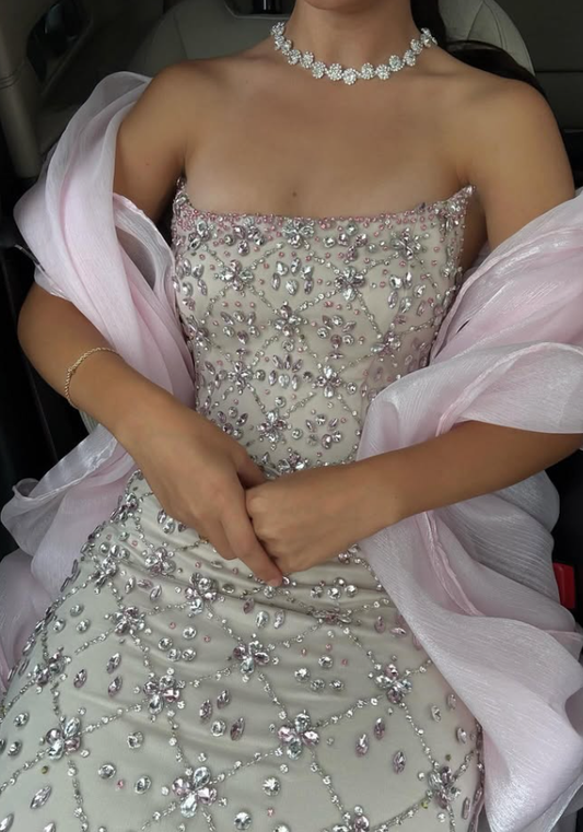 Pink Sheath Strapless Exquisite Rhinestone Tulle Long Prom Dress Evening Dress SH4630