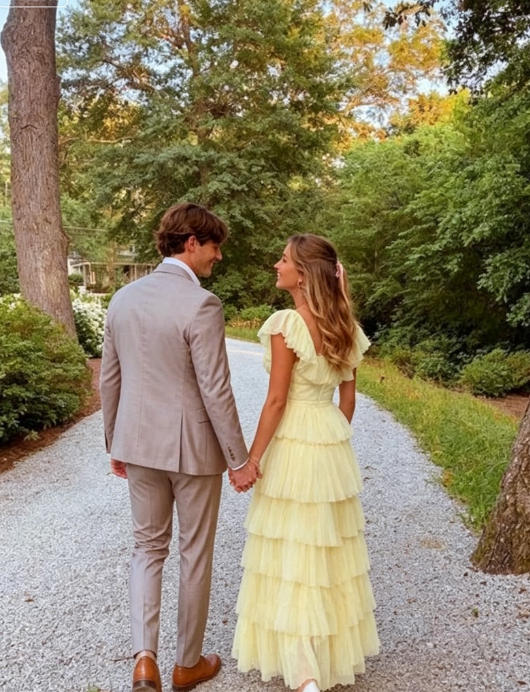 A-Line Square Yellow Tiered Long Prom Dress Princess Tulle Formal Evening Dress SH1049