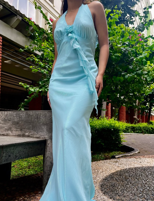 Baby Blue Vintage Halter Chiffon Backless Prom Dress Wedding Guest Dress SH5388