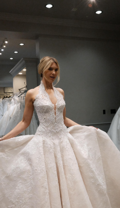 Dreamy Ball Gown Halter Ivory Lace Long Wedding Dress with Slit SH8393