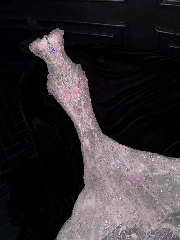 Stunning Pink Mermaid Strapless Exquisite Beaded Floral Tulle Prom Dress Evening Dress SH7170