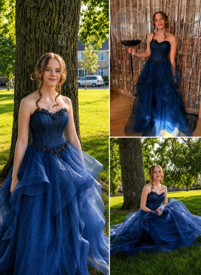 Navy Blue A Line Sweetheart Neck Sequin Beaded Tulle Prom Dress Birthday Dress SH9019