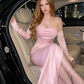 Elegant Mermaid Long Sleeve Pink Satin Prom Dress Evening Dress SH5526