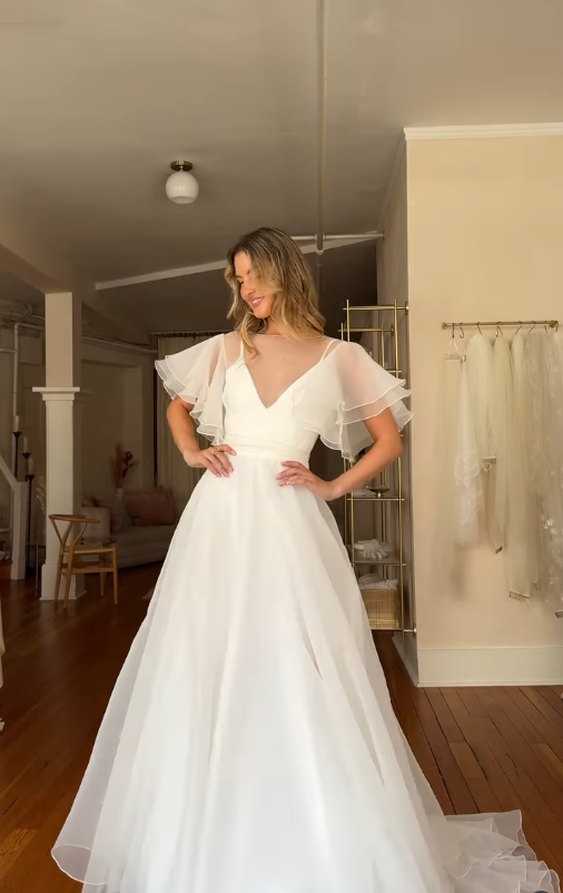 Stunning Ball Gown White Ruffle Organza Long Sweep Wedding Dress SH4709