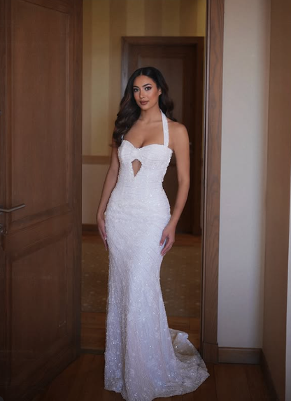 Romantic Sheath Halter Beaded White Tulle Backless Long Prom Dress Evening Dress SH6536