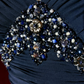 Retro Navy Blue A Line Spaghetti Strap Beaded Appliques Satin Prom Dress Evening Dress SH3332