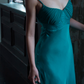 Lake Blue Sheath Spaghetti Strap Beaded Satin Long Prom Dress Party Dress Date Dresses SH4158