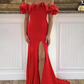 Fashion Red Off The Shoulder Mermaid Prom Dress,Slit Satin Evening Dress SH841
